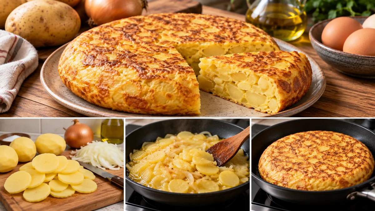 Vista general de tortilla de patatas, patatas cortadas, cocción en sartén y tortilla cuajada