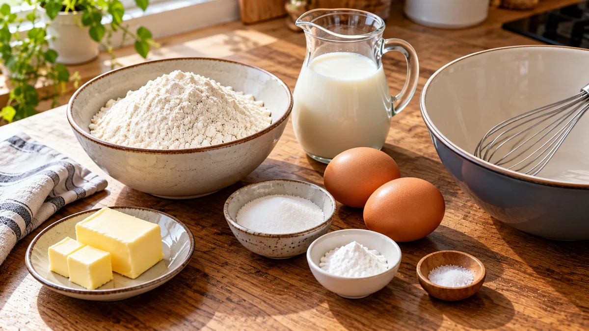 Ingredientes para tortitas: harina, leche, huevos, mantequilla, azúcar e impulsor
