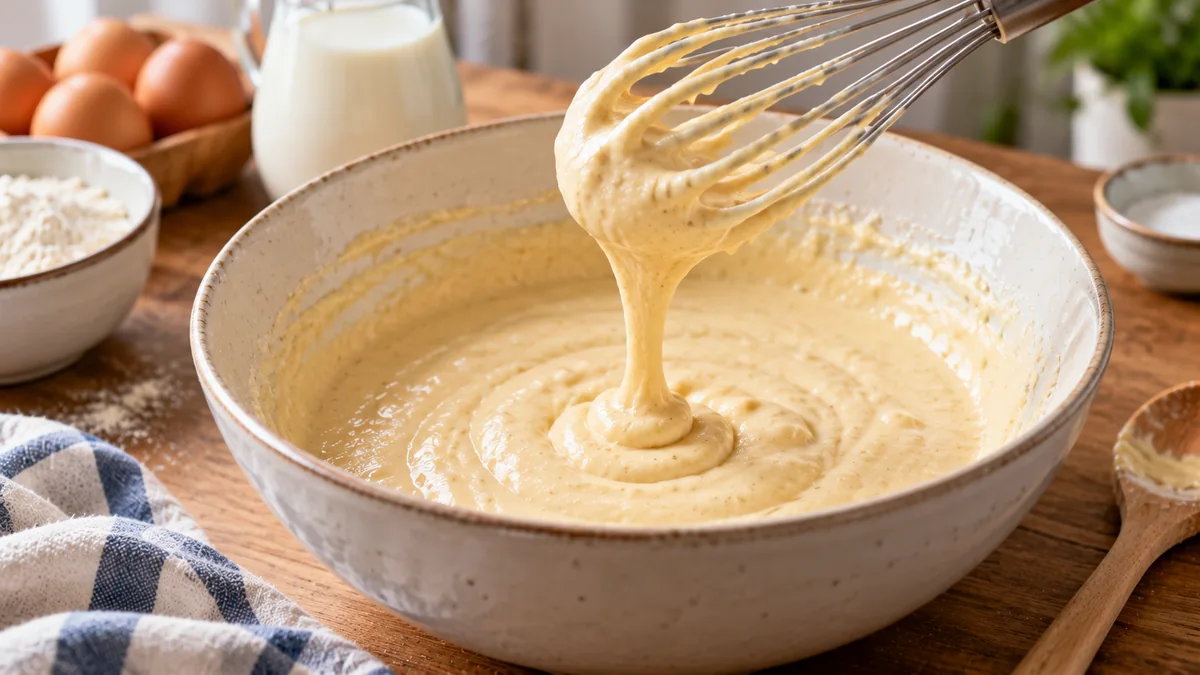 Masa espesa de tortitas cayendo de unas varillas sobre un bol
