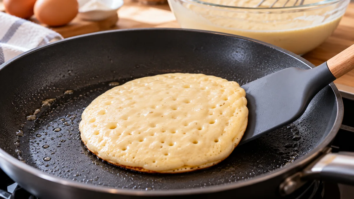 Tortita con burbujas en la sartén mientras se levanta con una espátula para darle la vuelta