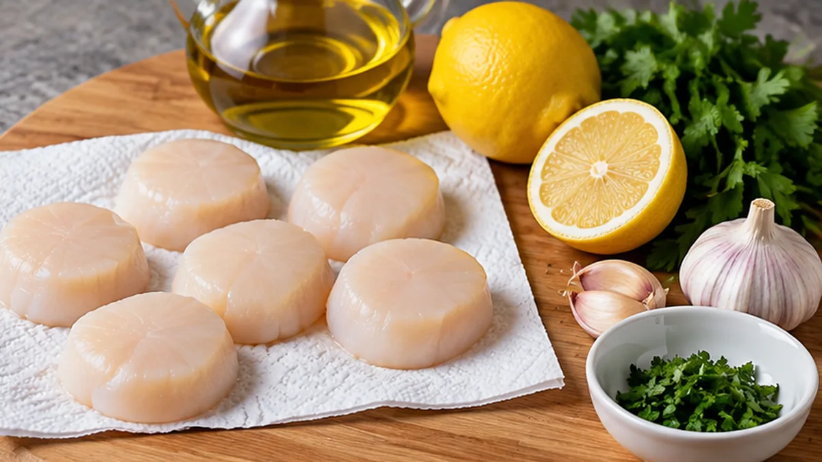 Vieiras limpias y secándose junto a ajo, perejil, limón y aceite de oliva