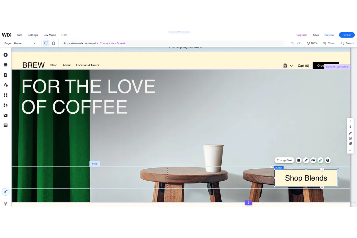 Captura real del Editor de Wix con elementos y barra de herramientas, ejemplo oficial