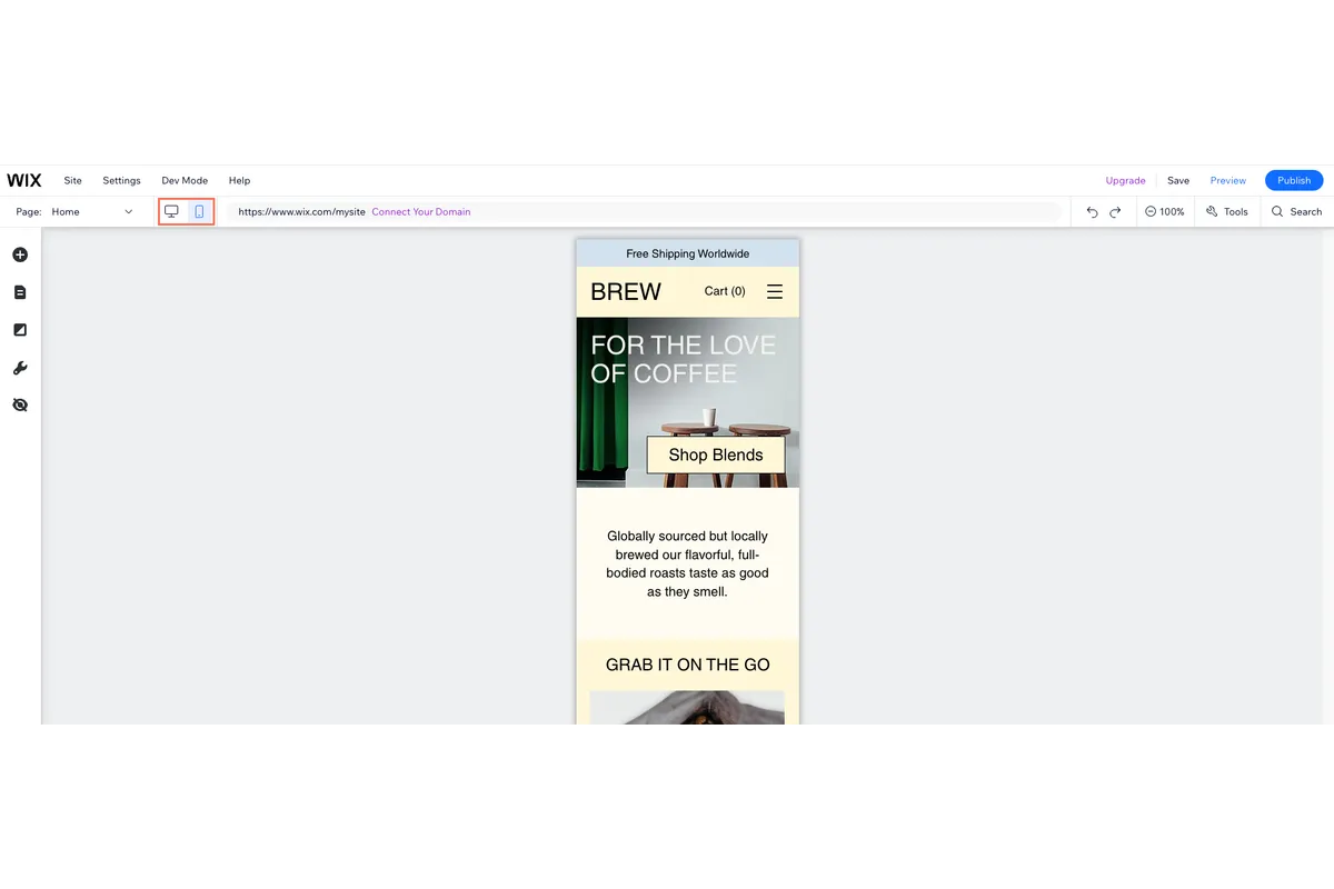 Captura real del editor móvil de Wix con una vista estrecha de una web de ejemplo